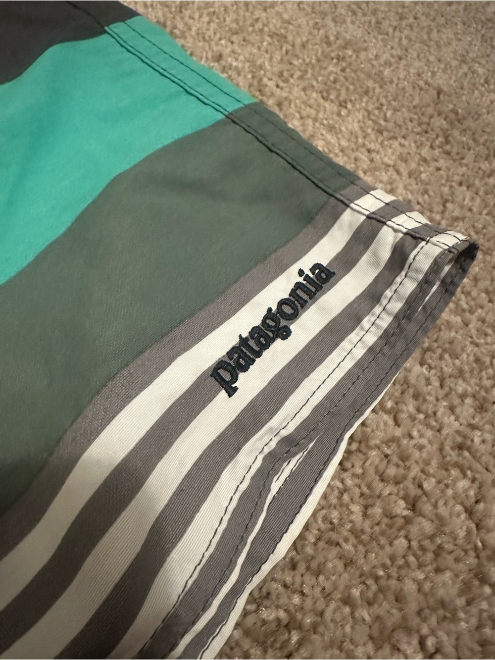 Patagonia Teal, Black & Gray Striped Men's Wavefarer Board Shorts - Picture 2 of 3